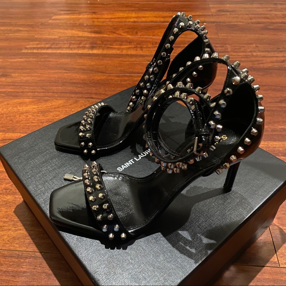 Rare Saint Laurent 105 Studded patent sandal/strappy heel